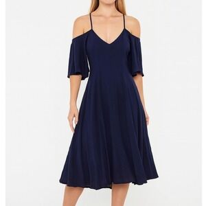 Alya Navy Blue Embroidered Off‎ Shoulder Dress Size S